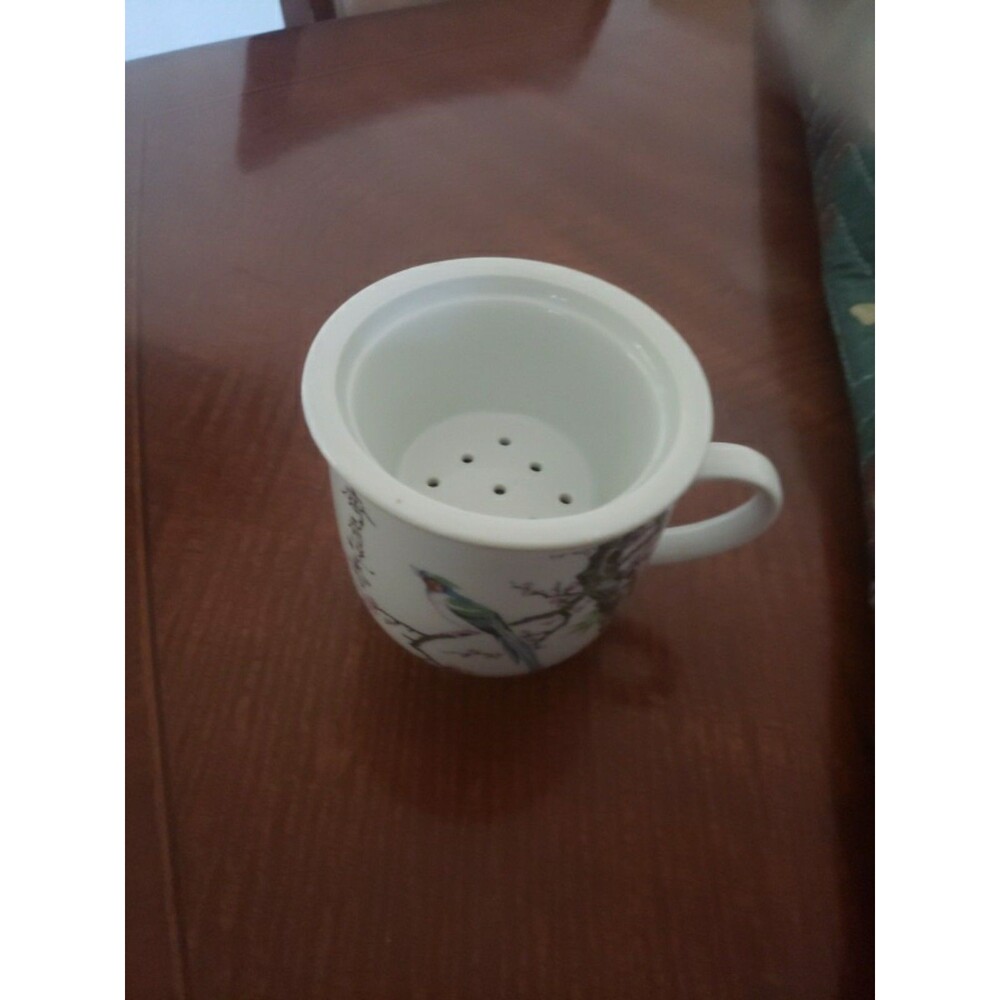White Ceramic Tea Cup with Bird Design and Infuser